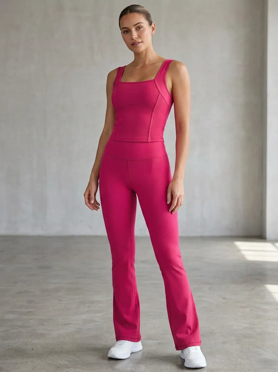 Women's Yoga Fitness Ribbed Square Neck Tank Flare Leggings Set