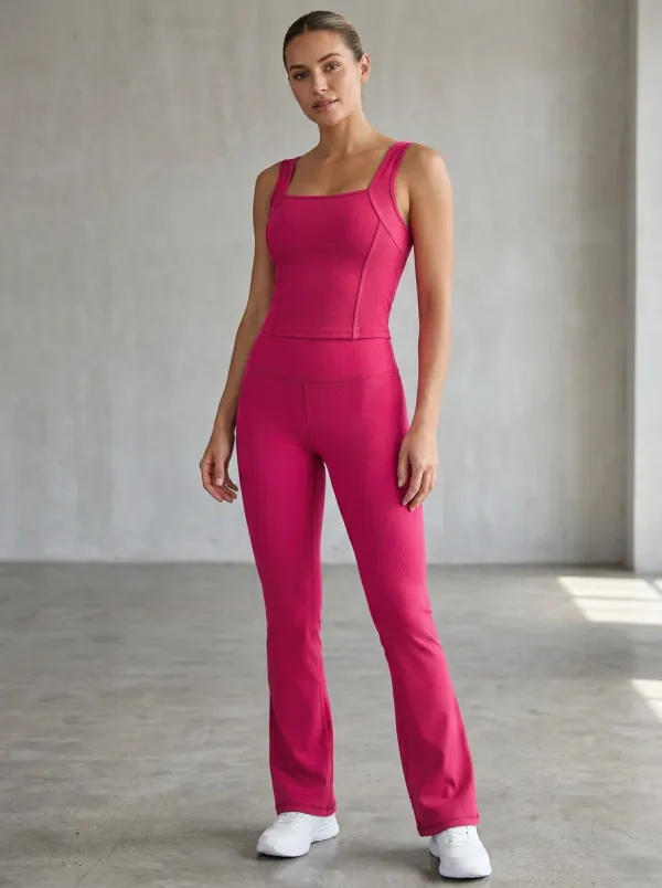 Women's Yoga Fitness Ribbed Square Neck Tank Flare Leggings Set