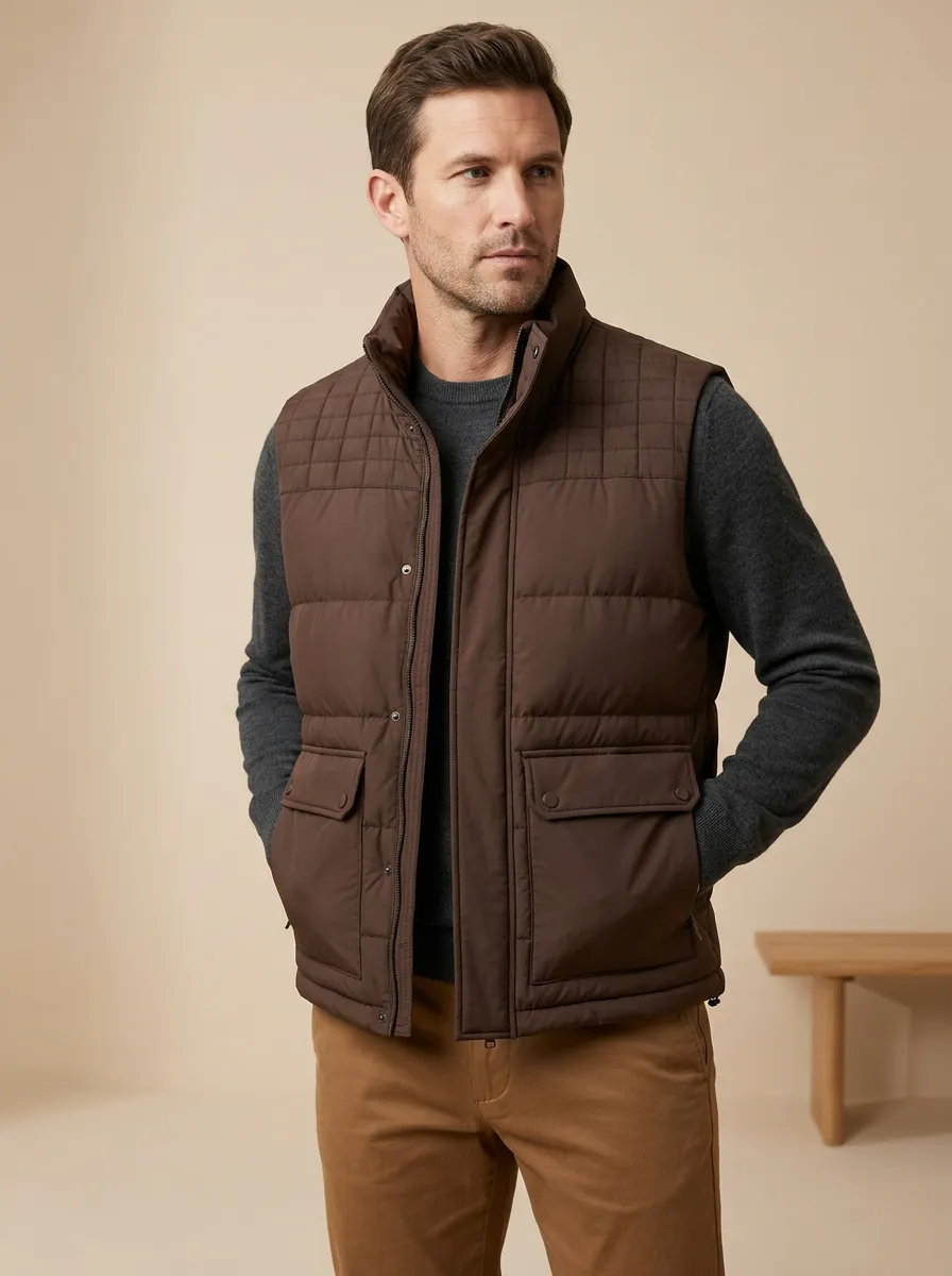 Men's Weekend Tan Quilted Casual Vest with Stand Collar Detail