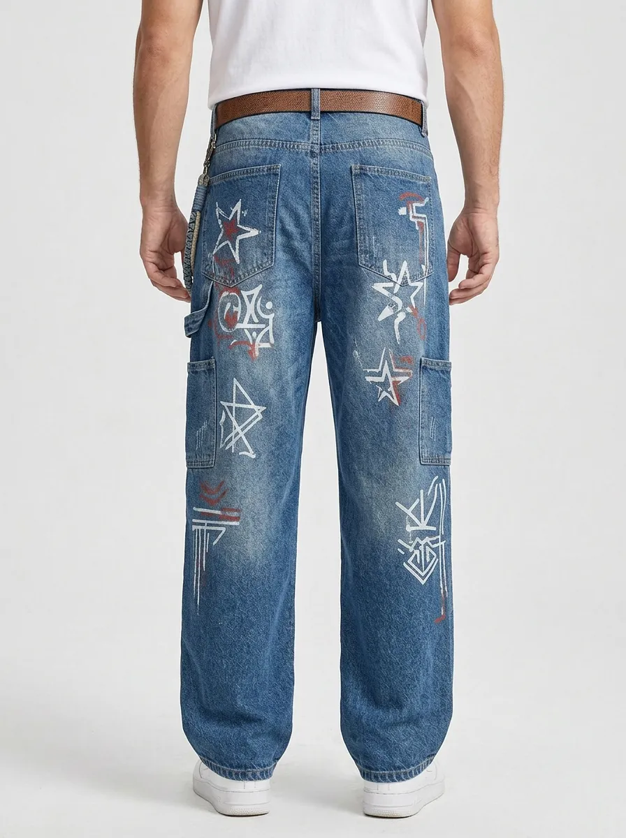 Unisex Streetwear Graffiti Star Cargo Jeans