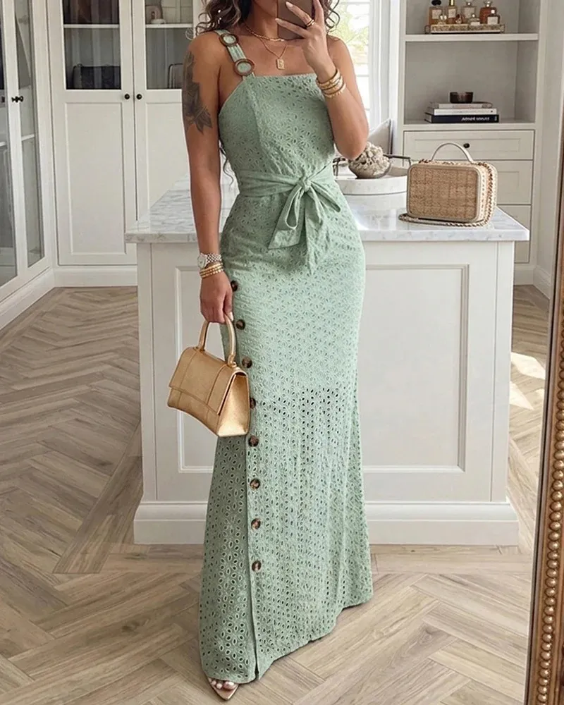 Women's open-back, side-slit embroidered spaghetti strap dress