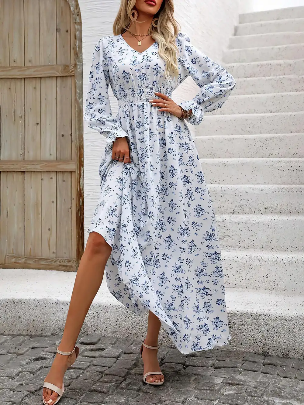 Boho Floral V-Neck Long-Sleeve Smocked Waist Swing Maxi Casual Dress