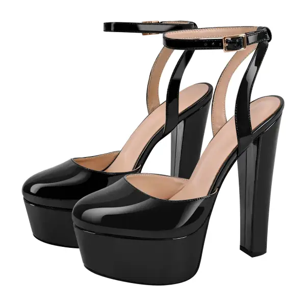 Round Toe Platform Chunky Heel Ankle Strap Pumps