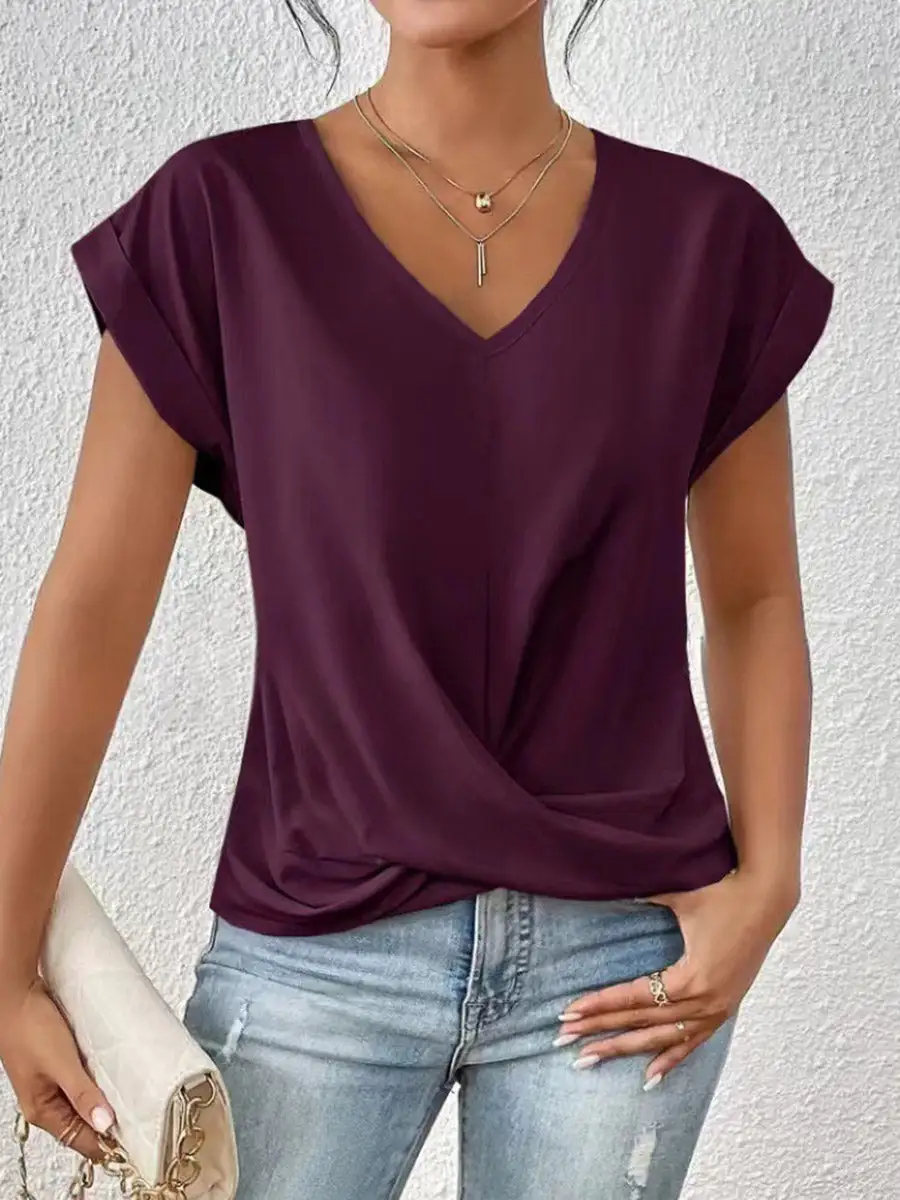 Relaxed Short Sleeve Pleat Detail V-Neck T-Shirt