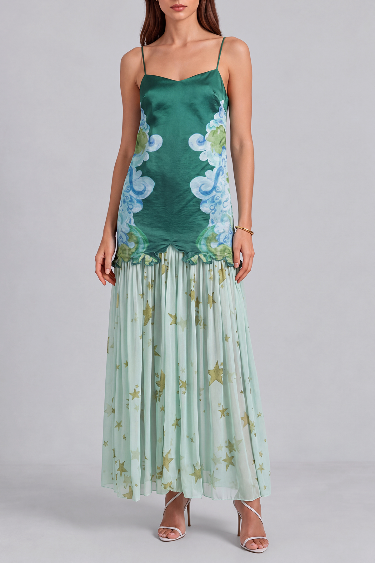 Spaghetti Strap Ruched Printed Maxi Dress