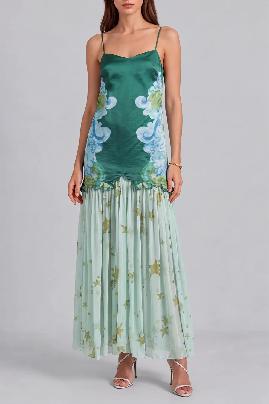Spaghetti Strap Ruched Printed Maxi Dress