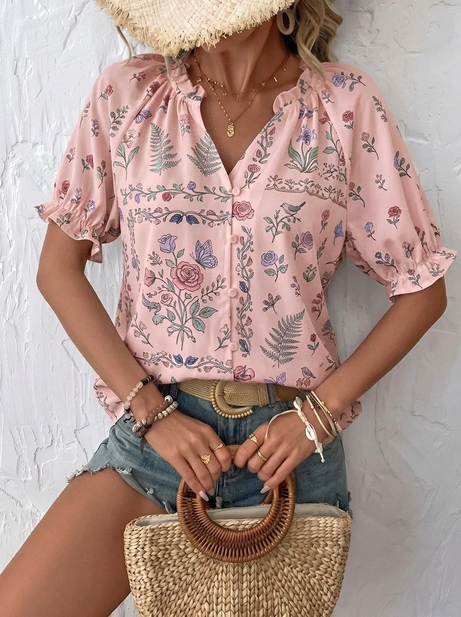 Women's Floral Botanical Butterfly Printed V-Neck Blouse