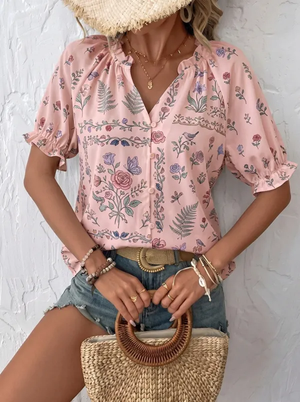 Women's Floral Botanical Butterfly Printed V-Neck Blouse