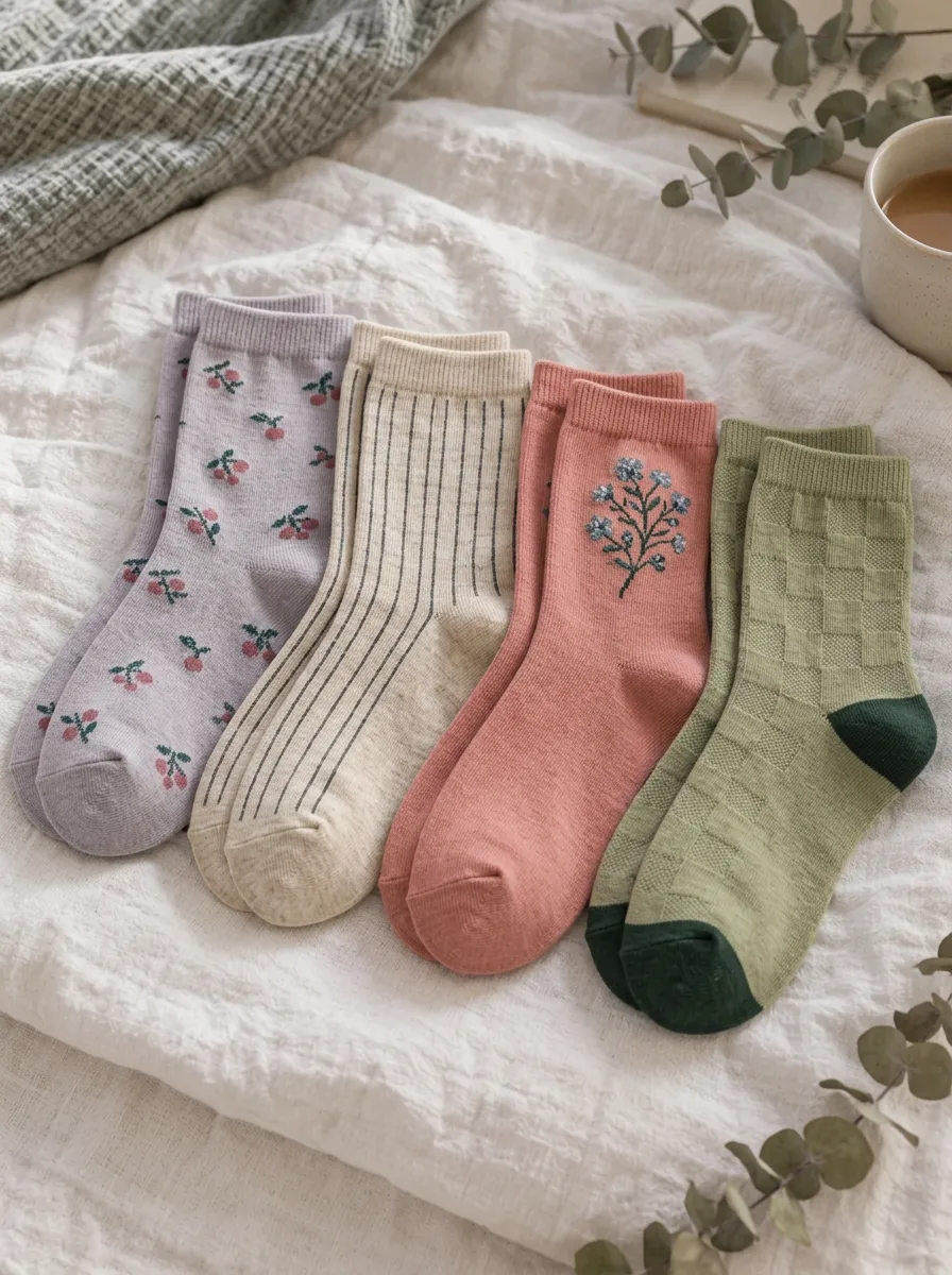 Women's Assorted Cherry Floral Ribbed Striped Embroidered Contrast Detail Vintage-Inspired 4-Pack Crew Sock Set