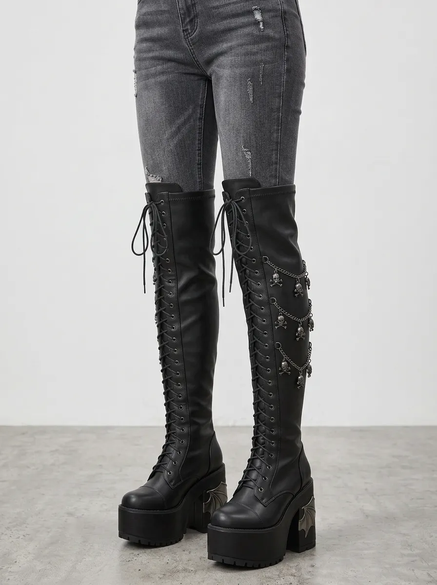 Modern Gothic Skull Bat Wing Dark Look Women's Gothic Platform Knee High Boots