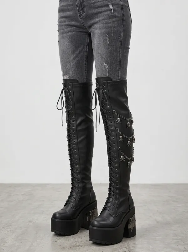 Modern Gothic Skull Bat Wing Dark Look Women's Gothic Platform Knee High Boots