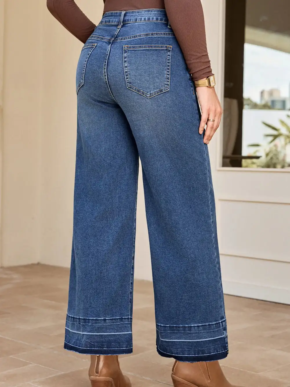 Versatile High Waist Wide Leg Washed Denim Jeans