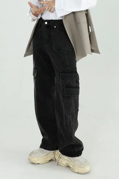 High-Rise Relaxed Cropped Washed Straight Leg Jeans