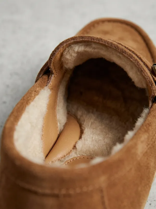 Women's Faux Fur Lined Buckle Detail Clog Style Suede Wood Sole Loafers