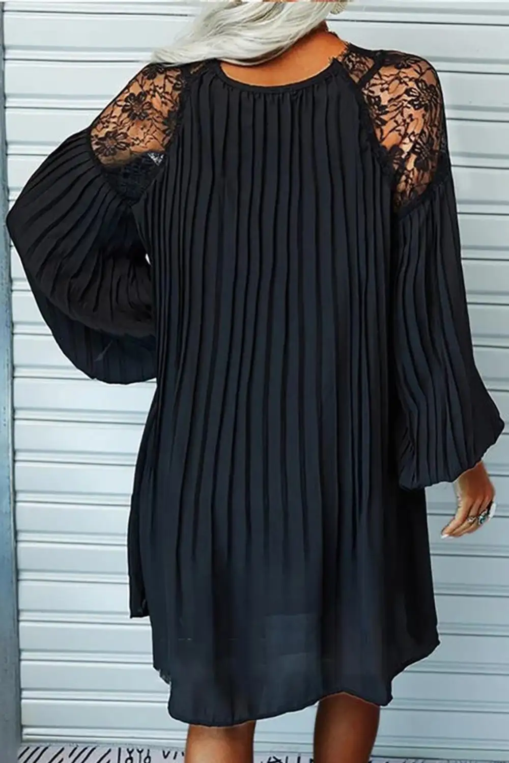 Lace Detail Pleated Mixed Panel Mini Dress