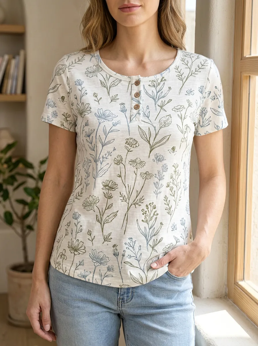 Women's Modern Botanical Wildflower Henley T-Shirt