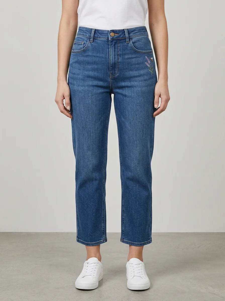 Women's Lavender Bee Embroidered Left-Hip Cropped Straight-Leg Jeans