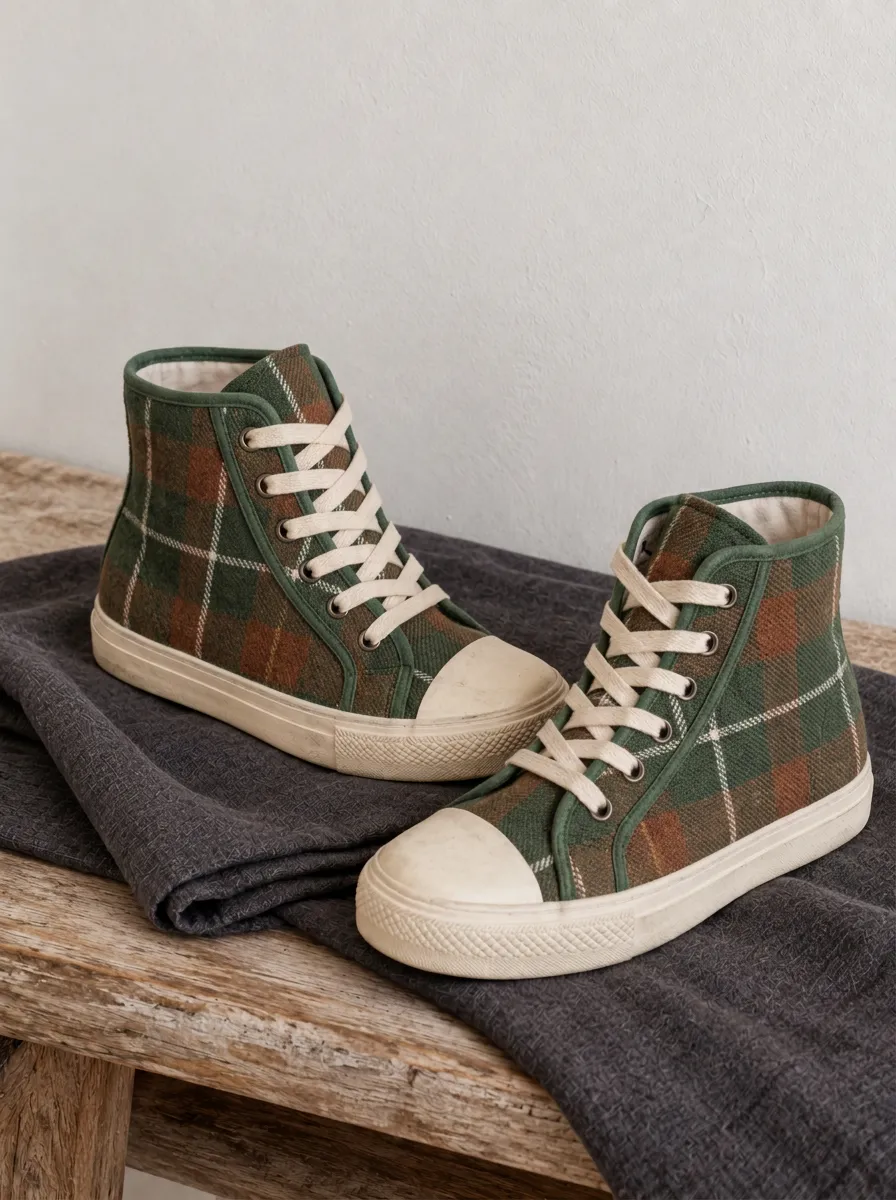 Men's Green Brown Plaid Pattern Printed Canvas Shoes