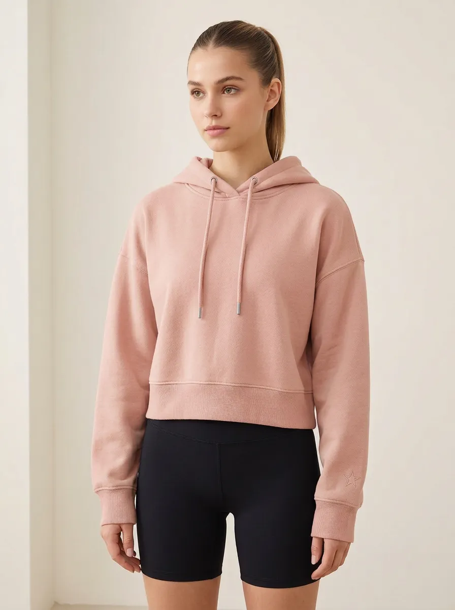 Women's Casual Minimalist Sage Green Star Embroidered Cropped Hoodie