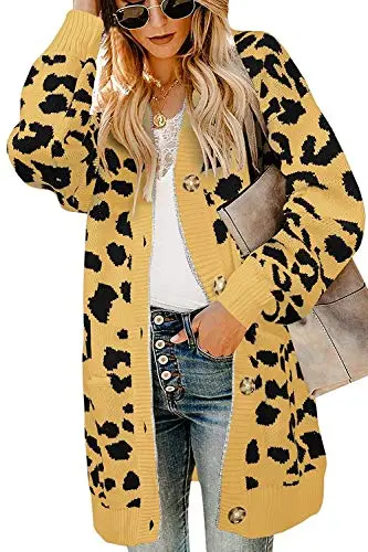 Women's Long Sleeves Open Front Leopard Print Knitted Sweater Cardigan Coat Outwear