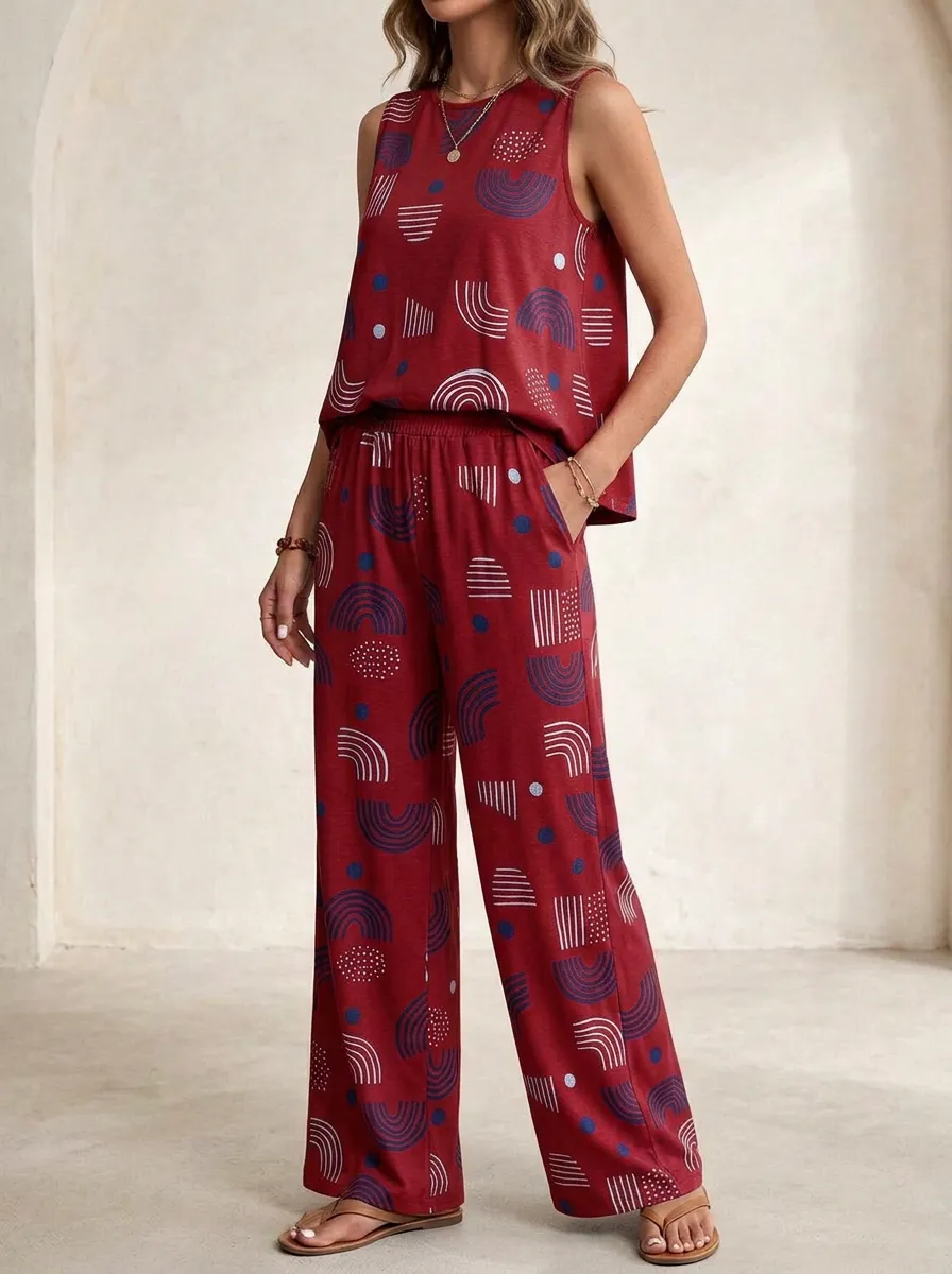 Women's Geometric Print Sleeveless Top And Wide-Leg Trouser Lounge Set