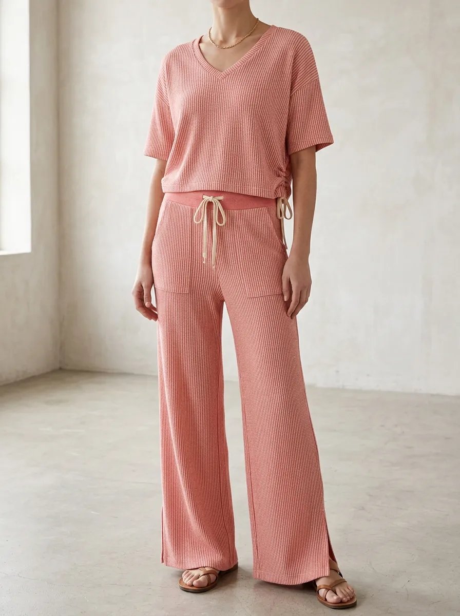 Women's Lounge Ribbed V-Neck Wide Leg Pants Set