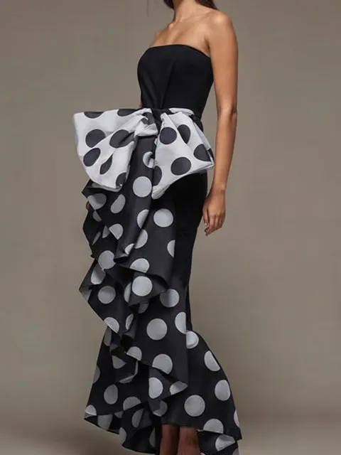 Women's Slim Fit Pleated Polka Dot Patchwork Maxi Dress