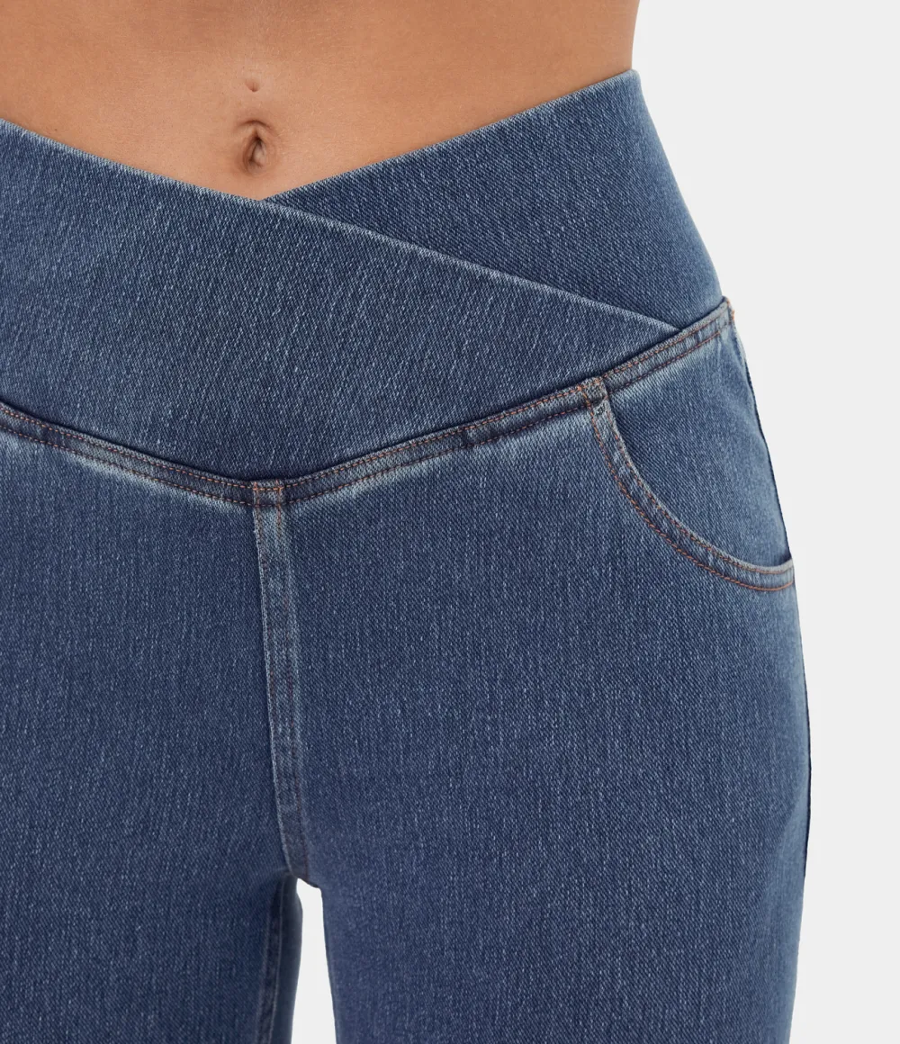 Magic High Waisted Crossover Pocket Washed Stretchy Knit Casual Super Flare Jeans