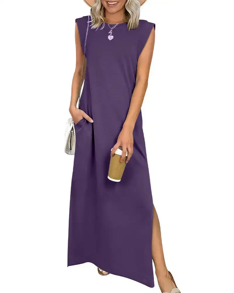 Casual Sleeveless Split Maxi Dress With Pockets