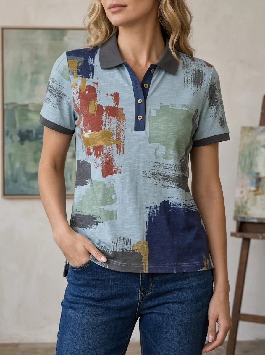 Women's Classic Abstract Art Brushstroke Polo Shirt