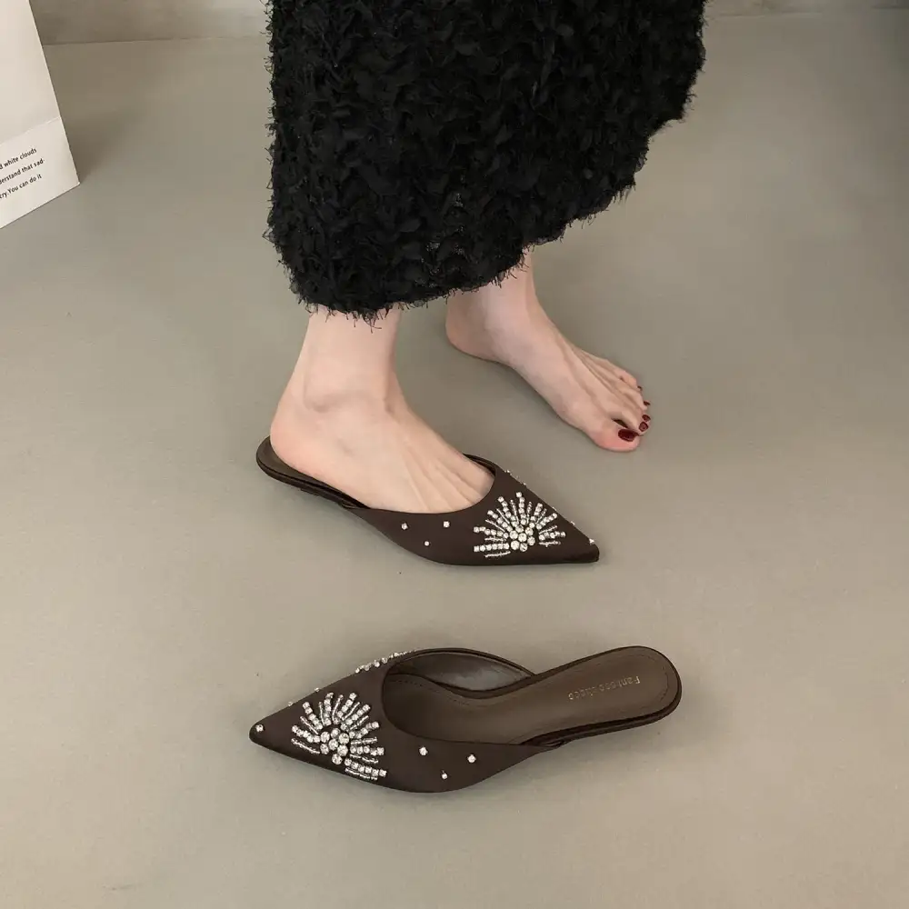 Rhinestone Detail Pointed Toe Slide Sandals