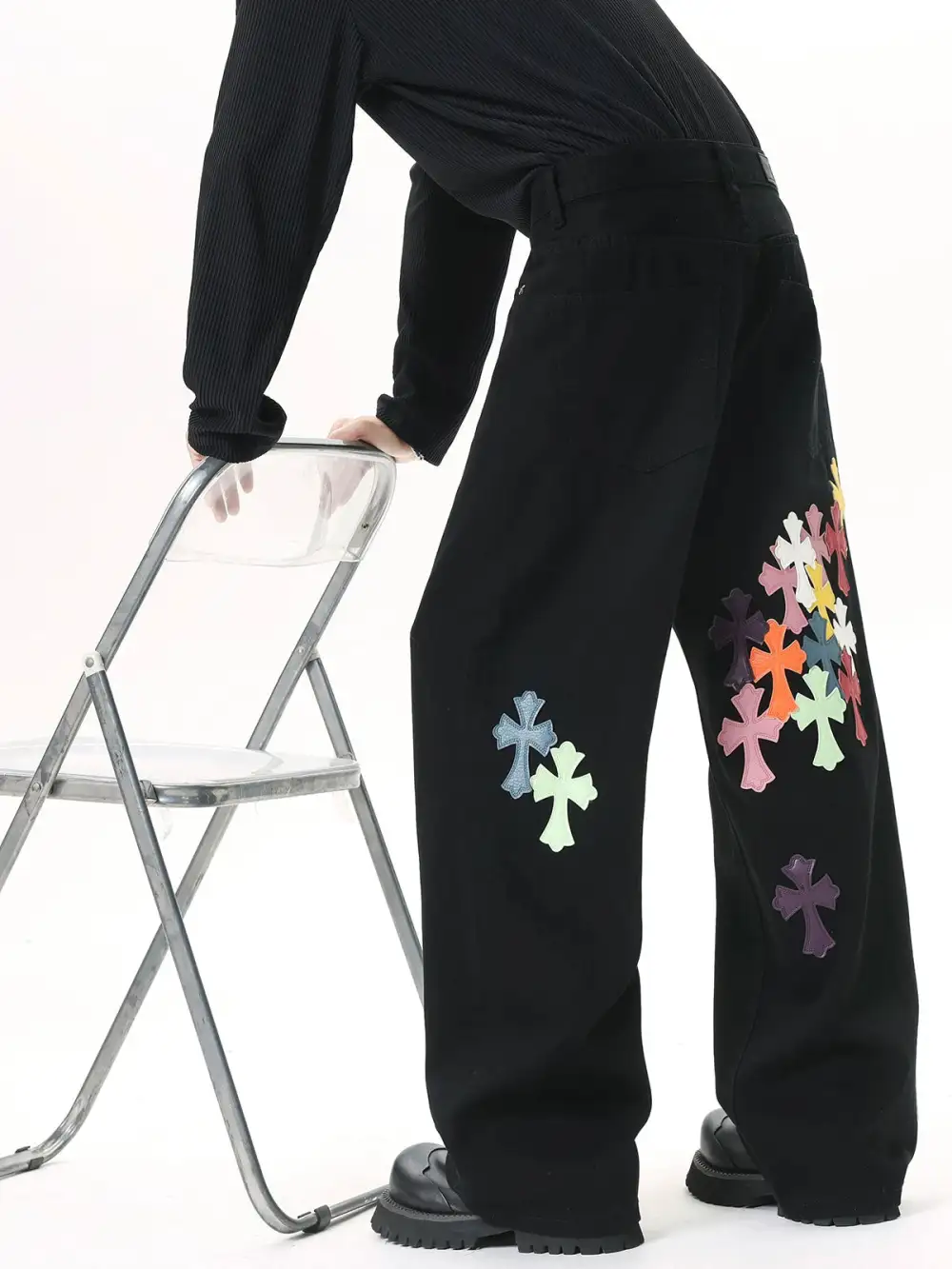 Wide-Leg Patchwork Zip-Detail Jeans