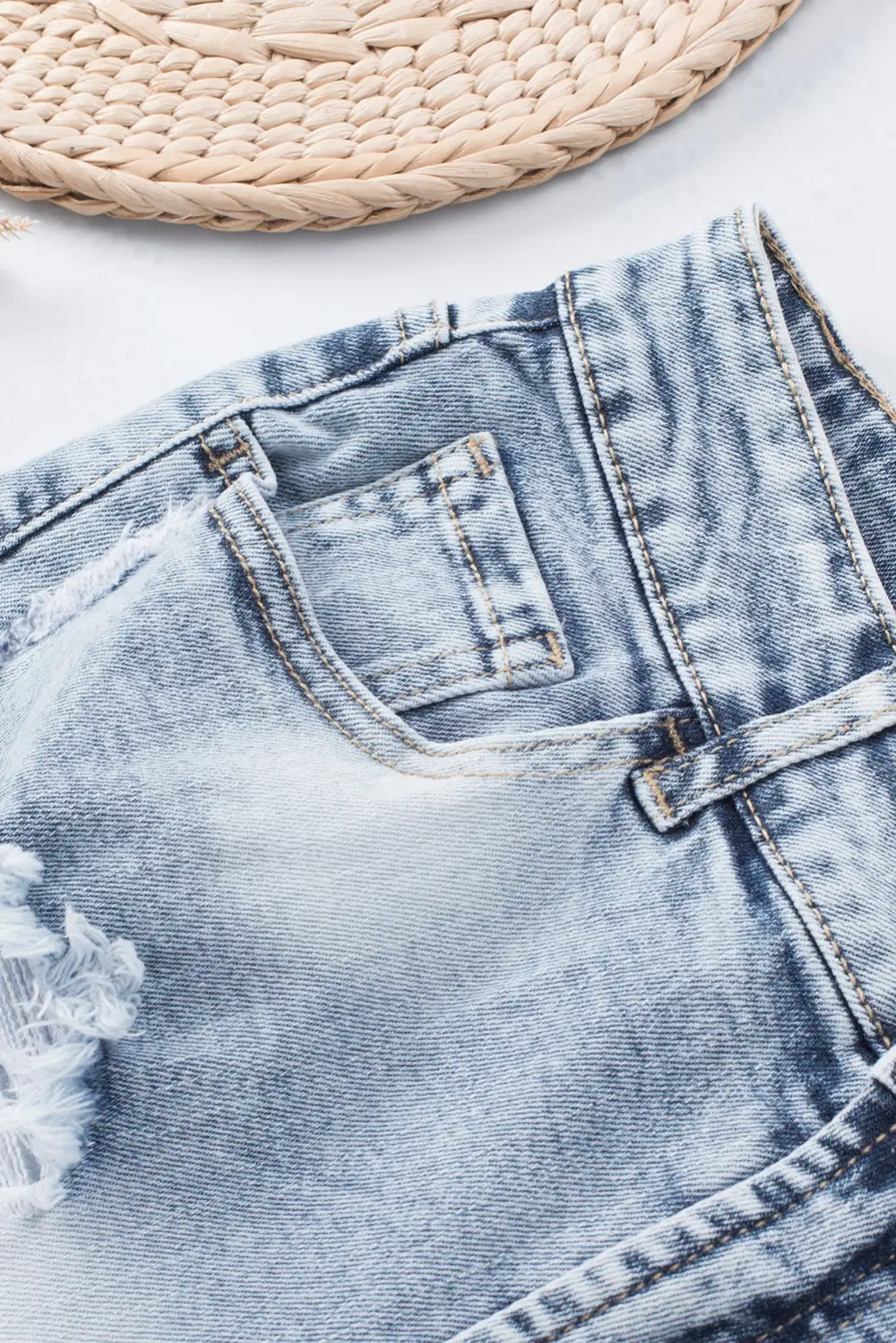 Sky Blue Bleached Wash Distressed Denim