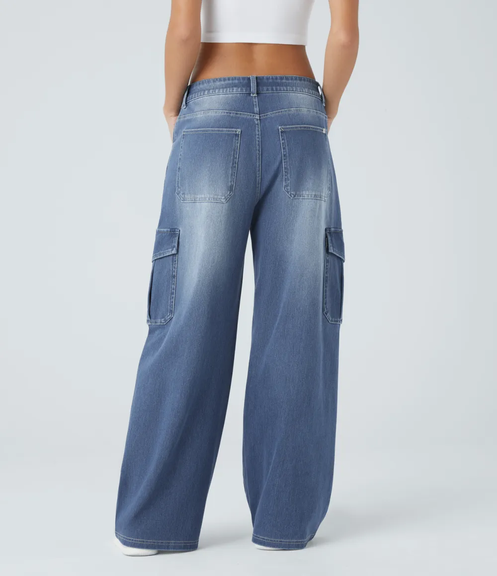 Magic Low Rise Multiple Pockets Stretchy Knit Casual Wide Leg Cargo Jeans