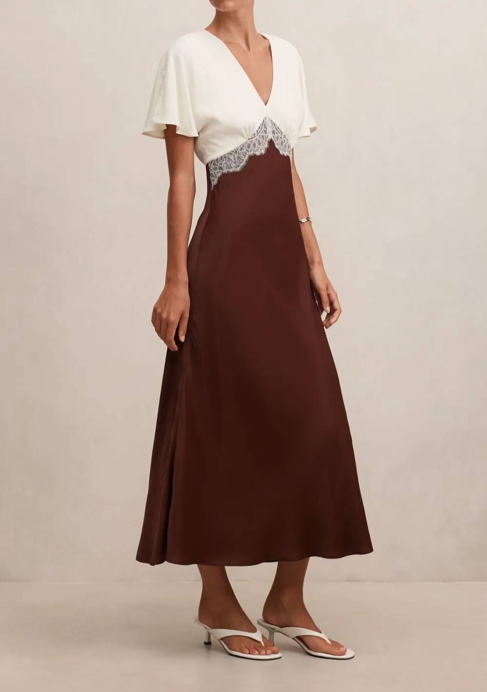 Burgundy Flutter Sleeve Satin Lace Midi Dress