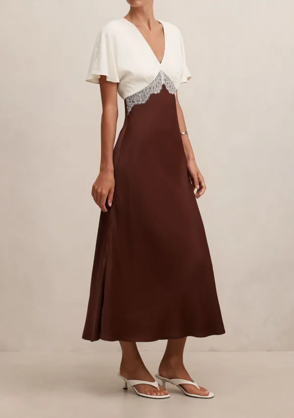 Burgundy Flutter Sleeve Satin Lace Midi Dress