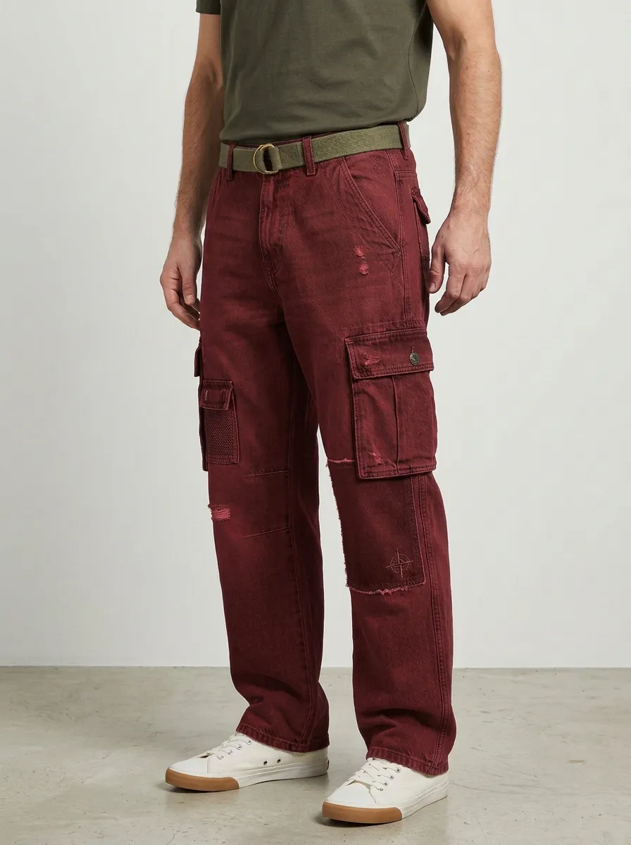 Men's Distressed Patchwork Denim Cargo Jeans