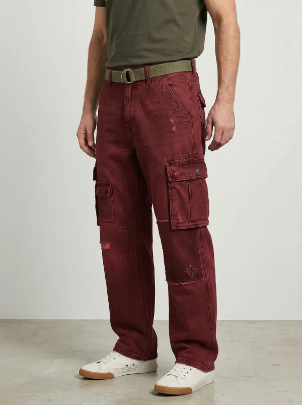 Men's Distressed Patchwork Denim Cargo Jeans