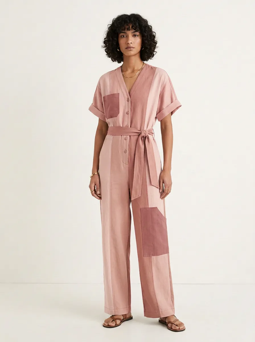 Women's Casual Olive Beige Patchwork Colorblock Belted Jumpsuit