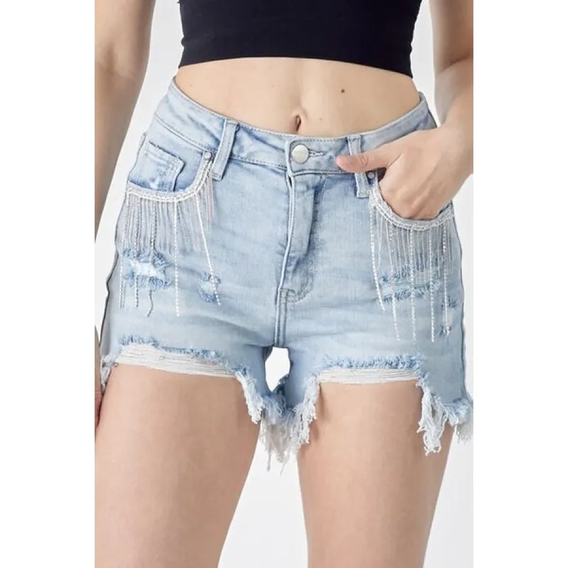 Frayed Hem Denim Shorts with Fringe Detail Pockets