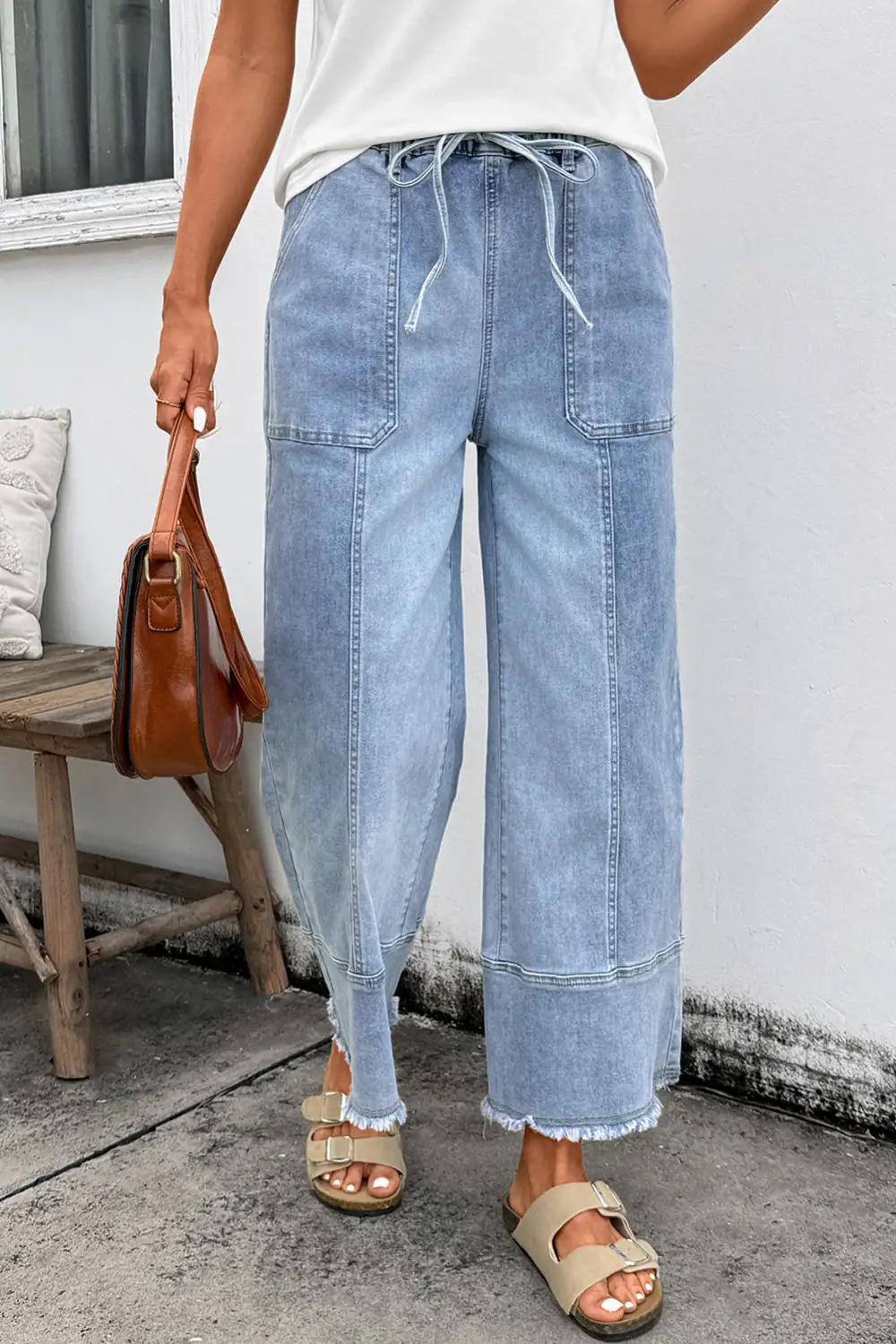 Women's Wide Leg Denim Pants With Drawstring Seam Detail