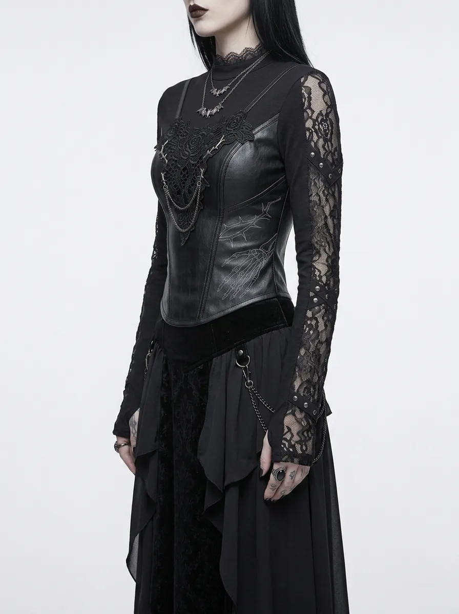 Women's Gothic Rose Skeleton Lace Printed Long Sleeve Top