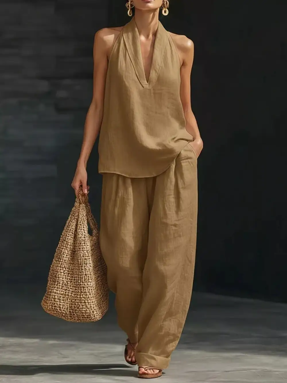 Halter Neck Top and Wide Leg Pants Set