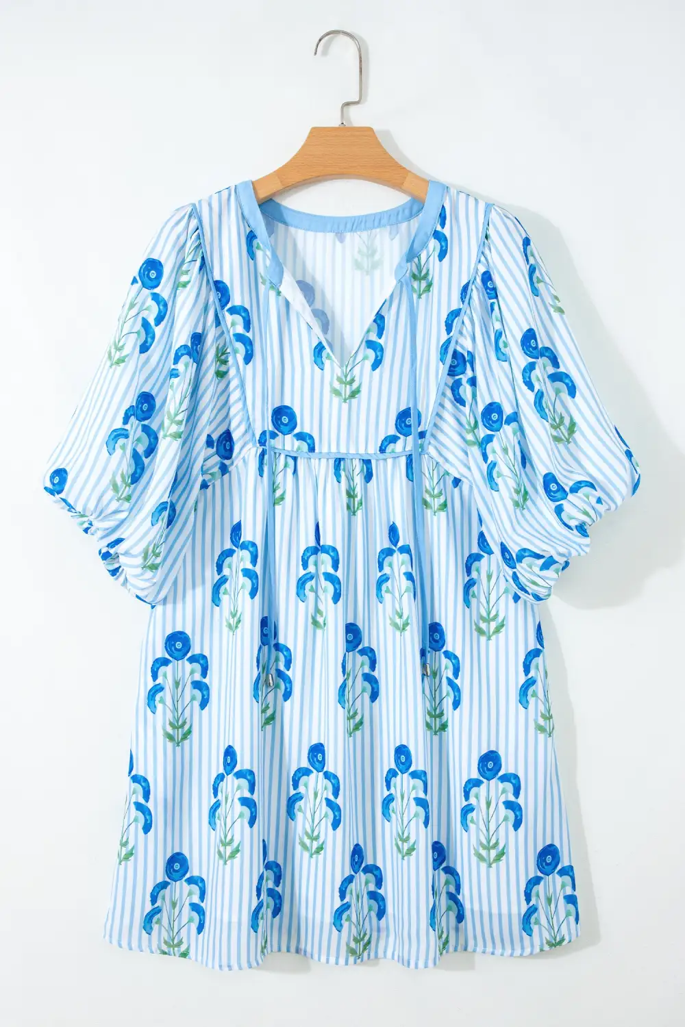 Drape Floral Striped Split Neck Mini Dress