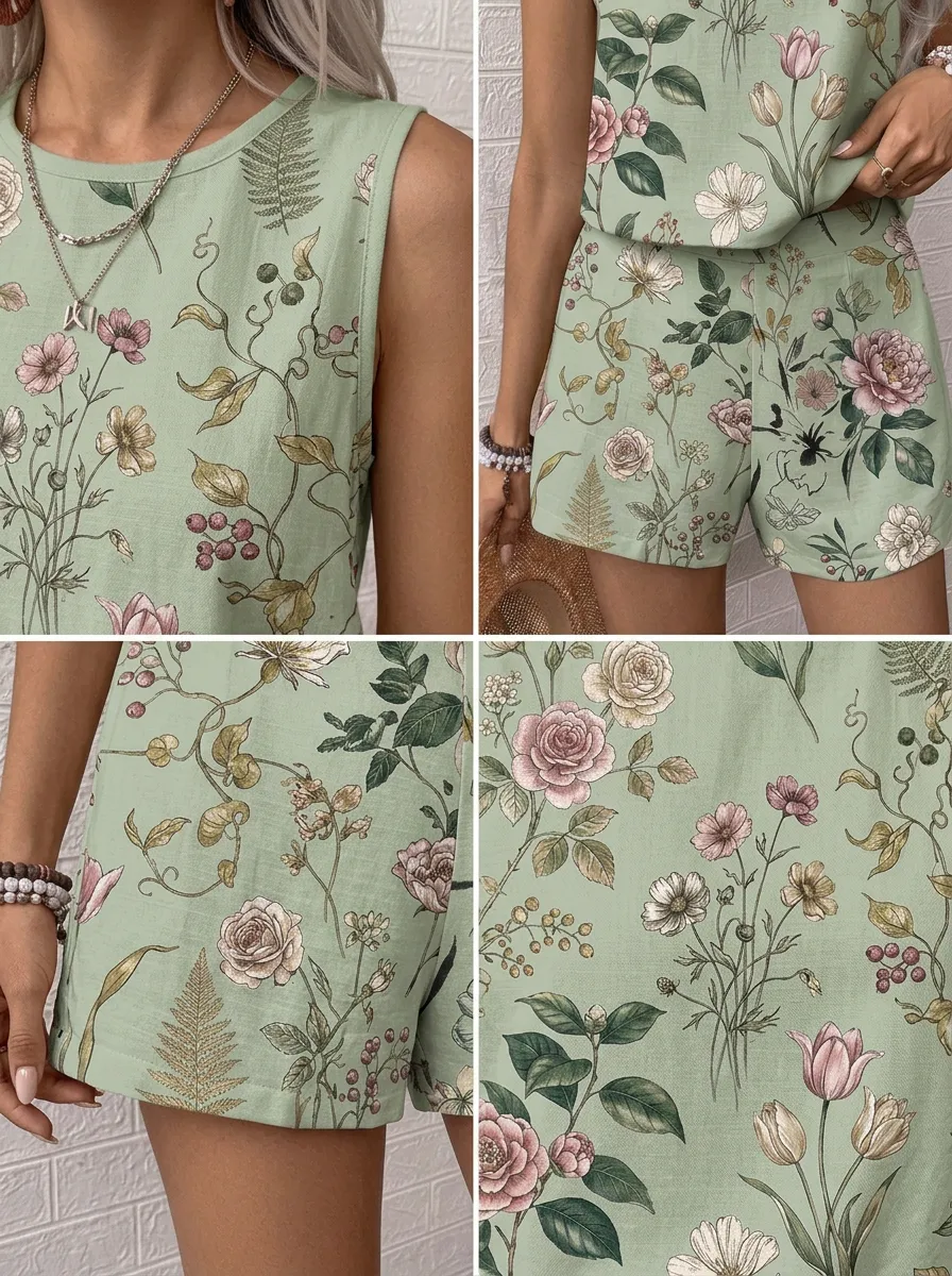 Women's Vintage Floral Botanical Printed Sleeveless Shorts Set