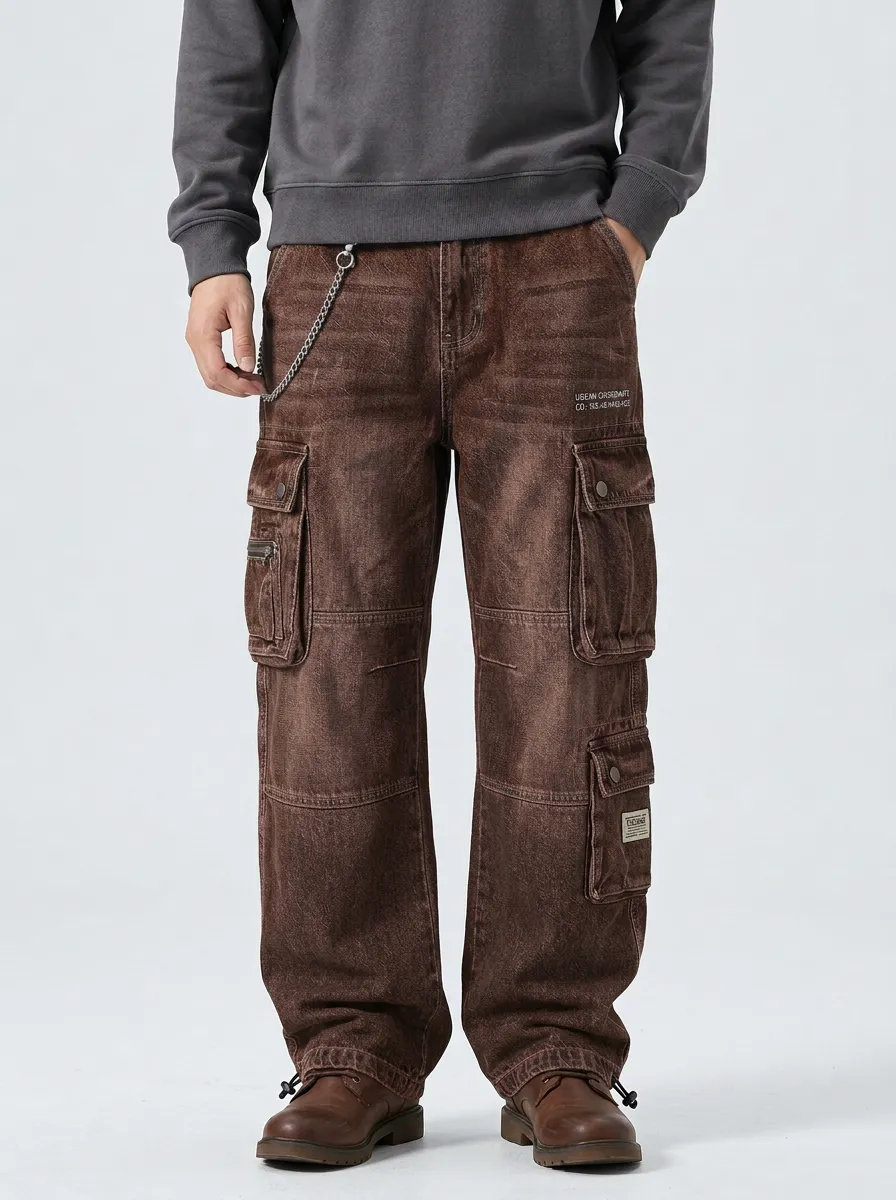 Men's Streetwear Urban Letter Printed Denim Cargo Jeans