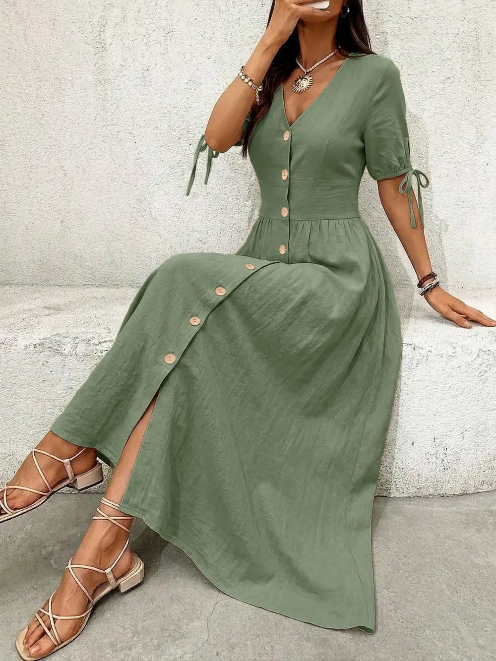Button Front Short Sleeve Midi Dress