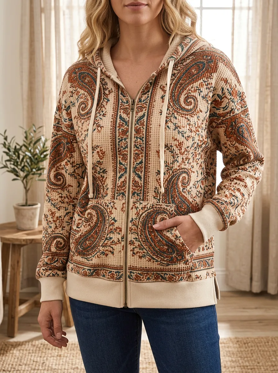 Women's Boho Paisley Signature Focus Waffle Zip-Up Hoodie