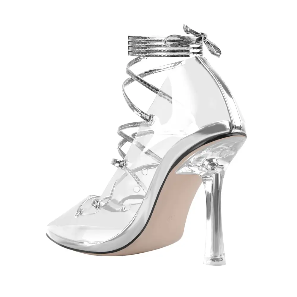 Lace Detail Pointed Toe Transparent Heel Lace Up Pumps