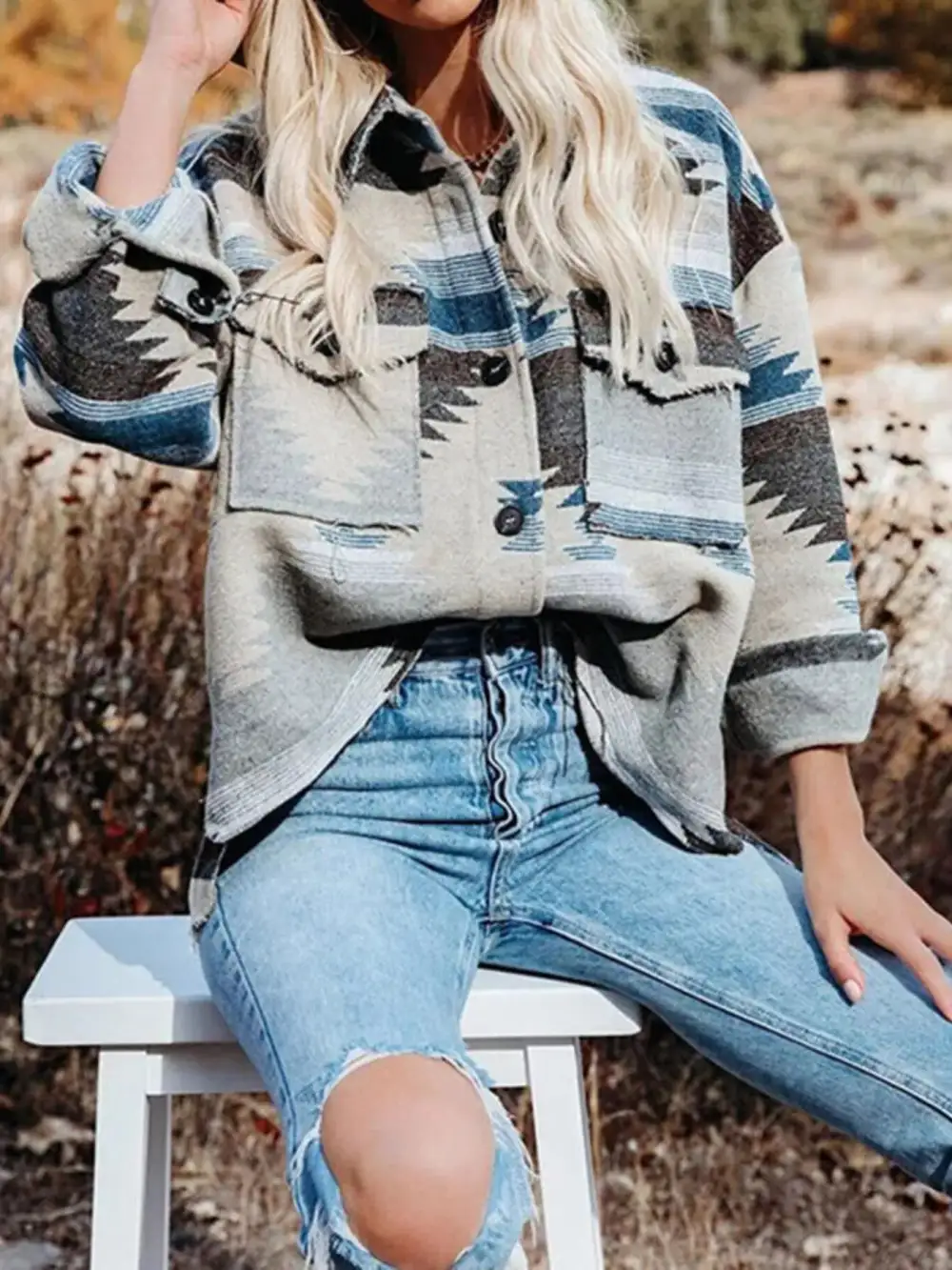 Geometric Button Up Jacket With Chest Pockets